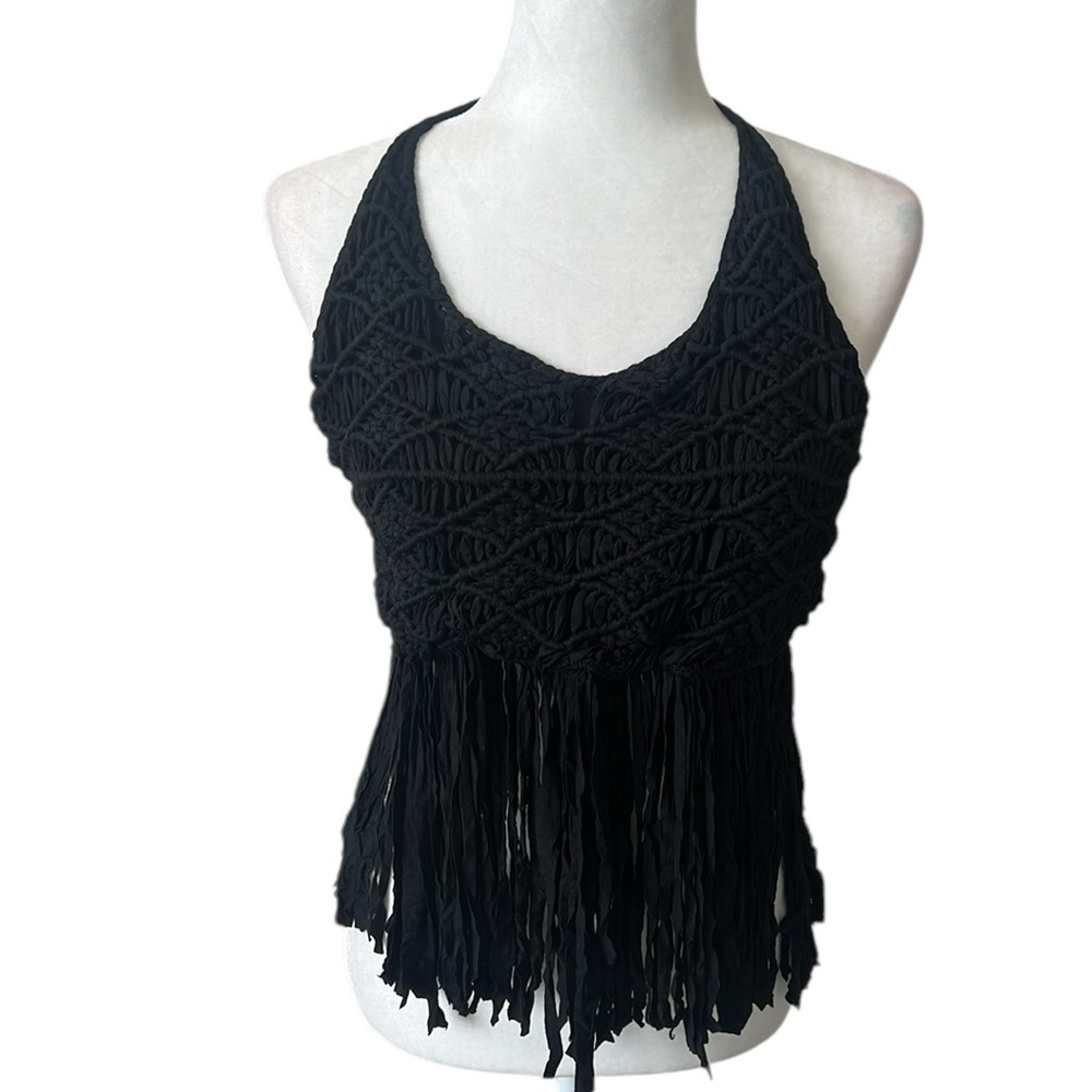 NWT POL Black Macrame Fringe Halter Top Beaded Back Tie Boho Festival S